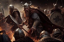 Vikings, Normans Warriors And Generals Fighting On The Battlefield, Epic Battle Scene. Generative AI.