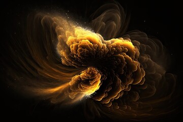 Orange particle cloud moving and swirling over black background of space, ai