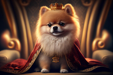 Cute pomeranian king wearing golden crown sitting on the wooden throne	