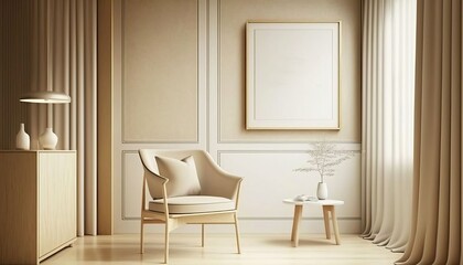 Wall Mural - 4K resolution or higher, Room interior mock up in beige tones with wooden chair and wood panel. Generative AI Technology