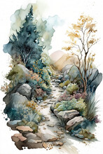 Generative AI Landscape In Watercolor With A Fairy Garden Feel