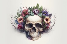 Portrait Of Skull With Flower Wreath On Its Head On A White Background, Concept Of Still Life And Symbolism, Created With Generative AI Technology
