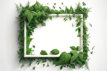 Copyspace frame surrounded by green climbing plants on white background, concept of Floral and Minimalistic Design, created with Generative AI technology