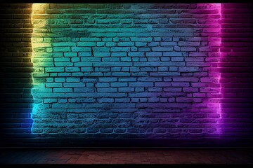 Modern futuristic neon lights on old grunge brick wall background. Watercolor style painting. AI Generated