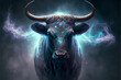 Powerful bull with blue aura, taurus zodiac sign concept