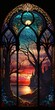 Stained glass window background sunset created with AI