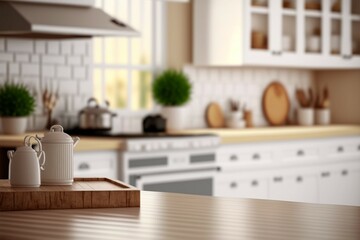 Empty white tabletop, counter, desk background over blur perspective kitchen background, White marble stone table, blurred kitchen, product display mockup, 