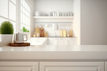 Empty white tabletop, counter, desk background over blur perspective kitchen background, White marble stone table, blurred kitchen, product display mockup, 