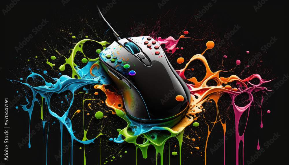 Gaming Mouse, Solid Black Background, Colorful Liquid Splash ...