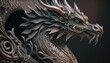 Detailed silver metal dragon head. Decorative gargoyle in gold. Chinese dragon statue on black background.