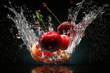 Wall Mural - Cherries falling in the water, Fruit, Cherry, Water splash, Isolated on black background, Generative Ai