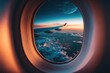 Charming aerial view of the sky from the airplane window during sunset and golden hour, on the way to vacation. AI generative