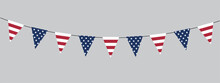 USA Flag Bunting Garland, String Of Triangular Flags, National Colors, Pennant, Retro Style Vector Illustration