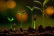 close up of tiny green seedlings sprouting in the ground forming a graph with different stages of growth, Generative AI
