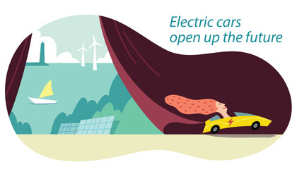 Illustration in cartoon style with an electric car opening the stage curtain to show the future