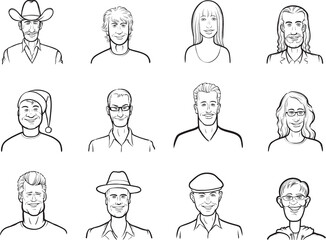 Wall Mural - diverse people whiteboard drawing of isolated user profile avatar heads - PNG image with transparent background