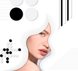 Poster - Stylish creative artwork with portrait of beautiful woman and different geometric figures on white background