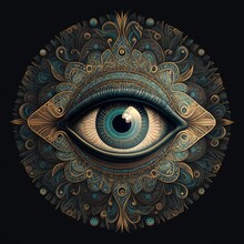 Trippy Eye Mandala, AI Generated Image Of A Close-Up Eye Surrounded By Ornate Patterns