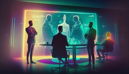 Business meeting with hologram screen, concept art, ai generated