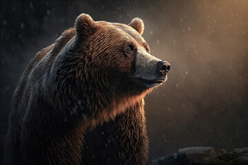 Wall Mural - a brown bear portrait in the rain. Generative AI