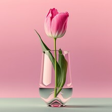 Tulip Flower In Clear Glass Vase. Generative AI