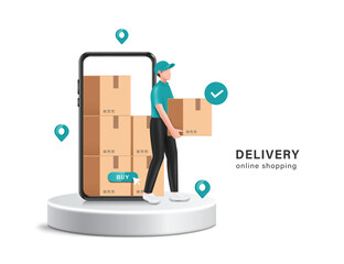 Delivery man in uniform standing front smartphone and on round podium and is holding parcel boxes waiting to be delivered to customers