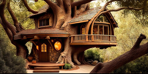 Wall Mural - Whimsical wooden treehouse - an adventurous designer treehouse with architecture imagined by generative AI