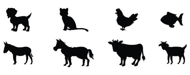 Different farm animals silhouettes set vector illustration isolated on a white background