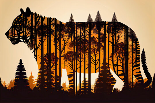 Tiger World Wildlife Day forest silhouette in the shape of a wild animal wildlife and forest conservation concept