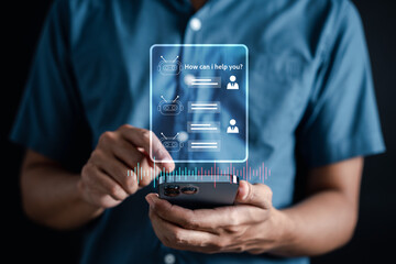 Aufkleber - Businessman using chatbot in smartphone intelligence Ai.Chat bot with AI Artificial Intelligence, developed by OpenAI generate. Futuristic technology, robot in online system.