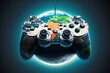 video game controller connected on planet earth, generative AI, 