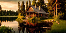 Wooden Cabin By The Lake In The Forest - Idyllic Setting During The Afternoon Bathing In The Sun's Daylight. Nature Without People By Generative AI