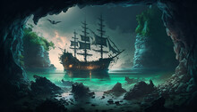 Ship In The Sea,an Underground Ocean, A Pirate Ship In The Foreground, Fantasy City On Island In The Distance As Focal Point, Dark Colors, Realistic, Nighttime, Stone Ceiling, Glowing Lichen And Moss 