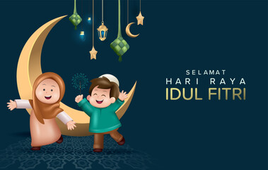 Poster - Translation : Happy Eid Mubarak. Cute Boy and Girl for Greetings Eid Mubarak Vector Illustration. 3D Realistic Eid Al Fitr Poster Design