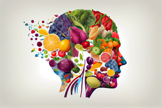 Thinking made of and surrounded by healthy food, fruits and vegetables, healthy lifestyle on a clean background