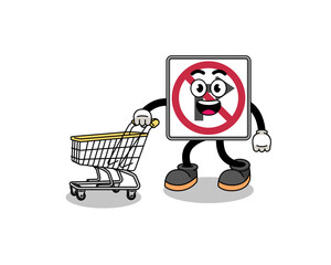 Wall Mural - Cartoon of no right turn road sign holding a shopping trolley