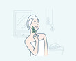 Young beautiful woman wearing shower towel after bath. Natural organic skin care, Hand drawn style vector design illustrations.