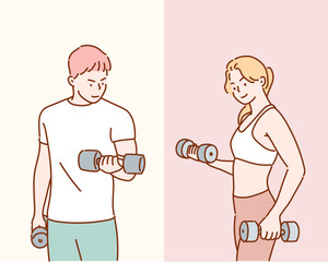 Athletic man and woman with a dumbells. Hand drawn style vector design illustrations.