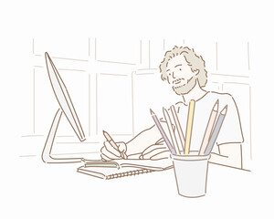 Wall Mural - Man Working At Desk In Busy Creative Office. Hand drawn style vector design illustrations.