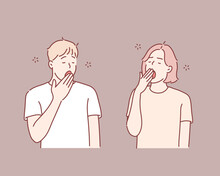 Sleepy People, Tired Friends, Yawning Couple Concept. Hand Drawn Style Vector Design Illustrations.