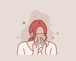 Woman sick and sad with sneezing on nose and cold cough on tissue paper because influenza and weak or virus bacteria. Hand drawn style vector design illustrations.