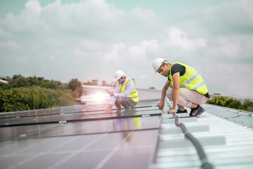 Solar roof system instalation concept, two engineer man checking last step or taking care of solar plate installed, ecological, green energy concept.