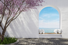 Modern Luxury Scandinavian Wooden Bench With Arch With White Arch Wall 3d Render There Are Stone Brick Floor Decorated With Pink Flower Tree Overlooking The Sea View For Copy Space