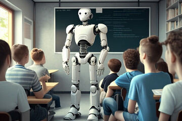 artificial intelligence AI robot teacher teaching a class of robot students in a high-tech classroom Generative AI.