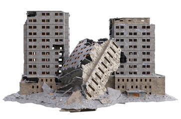 Large size building damaged after war. 3d render isolated