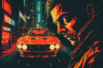 Wall Mural - Cyberpunk Comic Book Style Image of a Noir Man Next to a Car with the Headlights On. [Sci-Fi, Fantasy, Historic, Horror Character Portrait. Graphic Novel, Video Game, Anime, Comic, or Manga]