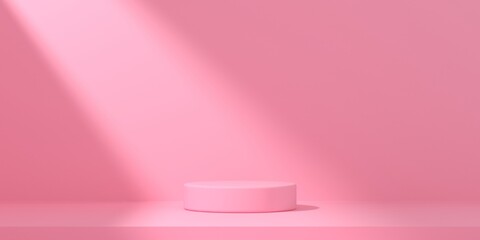 Abstract background minimal style with empty space for product presentation. Pink cylinder shape mock up with natural light on pink color plain background. 3d rendering