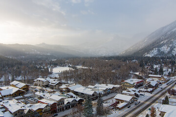 Aerial view of Leavenworth, WA at sunrise in December of 2022