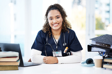 Sticker - Nurse, portrait or laptop with medical student books, research education studying or hospital learning university. Smile, happy or healthcare woman with technology in scholarship medicine internship