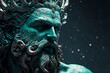 Portrait of Poseidon with glowing eyes and water drops on blue background, Generative AI. Mature male with long hair and beard. Ancient Greek God. God of Oceans on black background